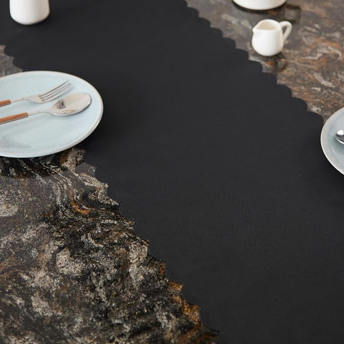 Solid Black Farmhouse Scalloped Table Runner 13 x 72 Inchs | Washable Polyester - Image 4