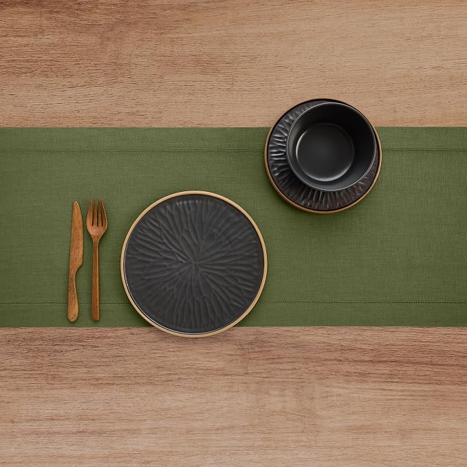 Solino Home 100% Linen Table Runner Olive, Classic Hemstitch 14 x 132 in | - Image 3