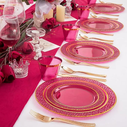 Ciaell 150PCS Clear Red Plastic Plates - Disposable Red and Gold Plates Set include 50Plates, 25Forks, 25Knives, 25Spoons, 25Cups for Wedding & Party & Valentine's Day
