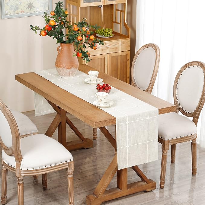 NEWISHER Rustic Embroidered Plaid Cloth Table Runner 60 inches, Farmhouse - Image 8