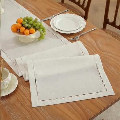 Linen Blend Table Runner – Light Natural Handmade Hemstitch, Classic Style - Image 2