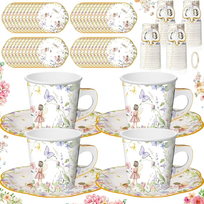 Umigy 60 Sets Tea Party Decorations 6.5 oz Fairy Floral Paper Tea Cups by Umigy