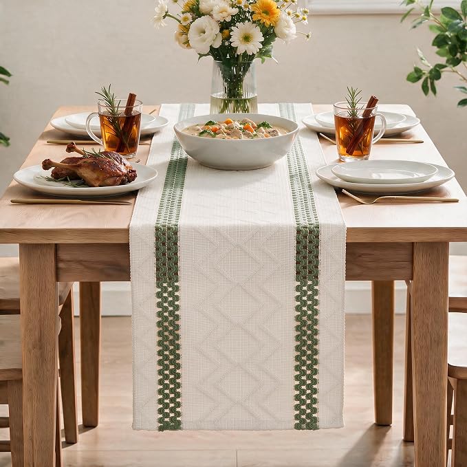 Artoid Mode Army Green Stripe Woven Rustic Table Runner 12x72 Inch | Holiday - Image 2