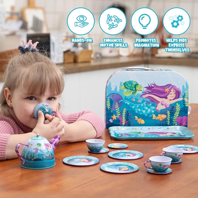 JOYIN Mermaid Tea Party Set for Little Girls, Pretend Tin Teapot Set, Princess - Image 8
