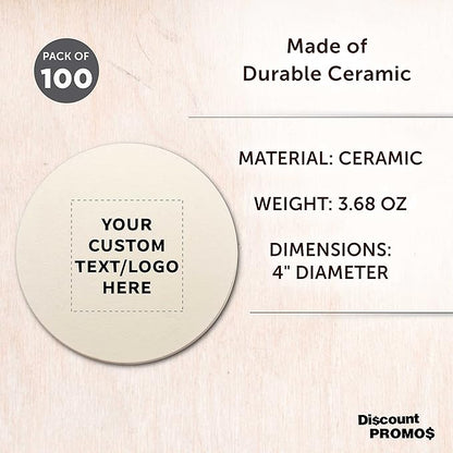 DISCOUNT PROMOS Custom Ceramic Coasters Set of 100, Personalized Bulk Pack - 4 Inches with Cork Bottom Pad, Perfect for Hotel, Bar, Restaurant - Natural
