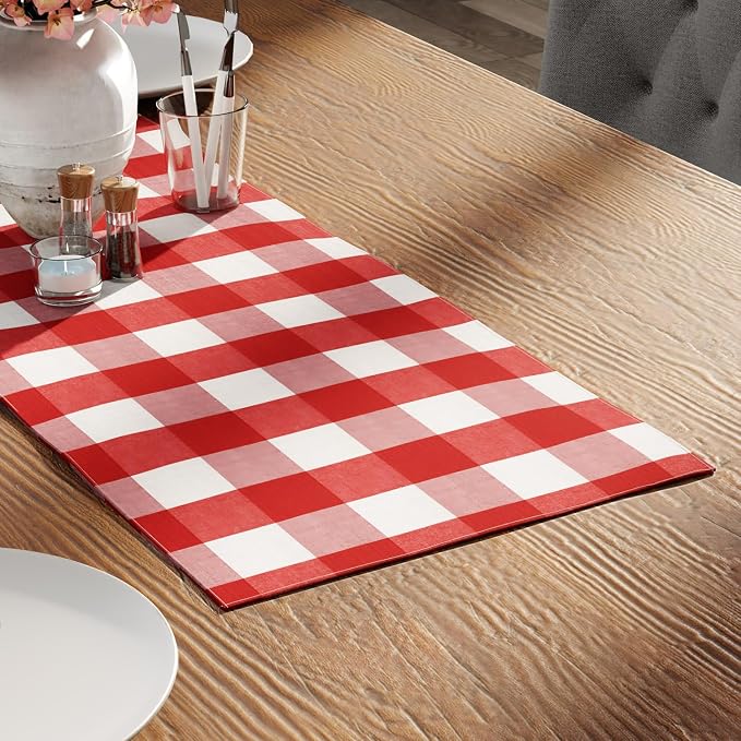 Encasa XO Table Runner, Woven Cotton Dining Runner 13"x36" | Buffalo Red Checks - Image 2