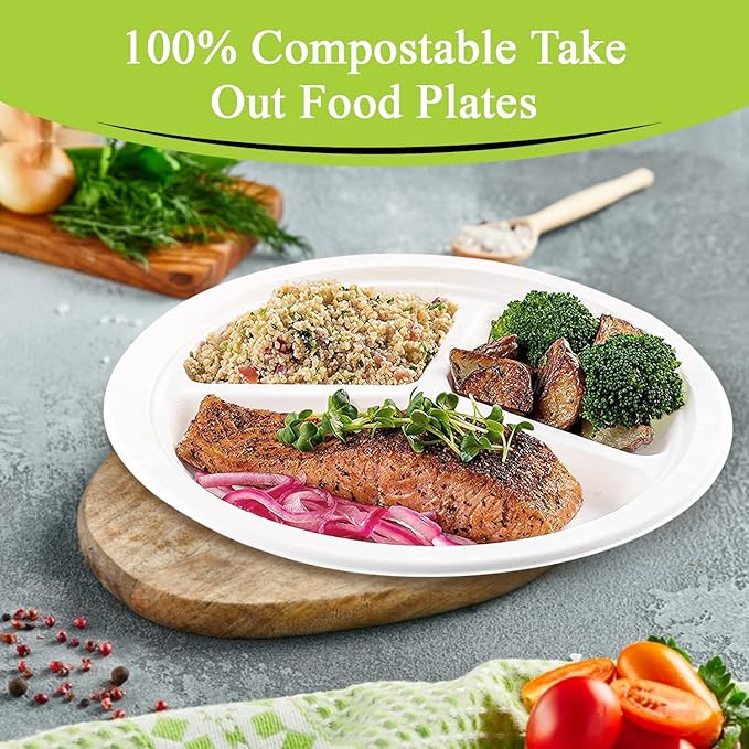 three leaf 10" 3 COMPARTMENT BAGASSE ROUND PLATE, 25 Ct. Heavy-Duty- Super Strong- Natural- Eco-Friendly Disposable Bagasse Plates, 100% Biodegradable 10 inch 3 compartment plates