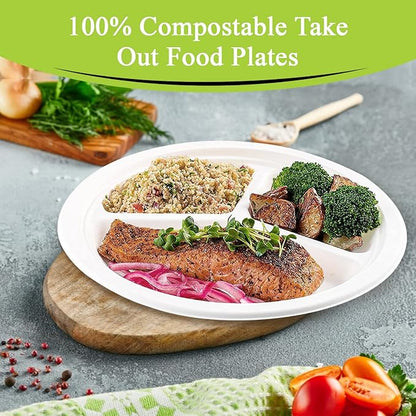 three leaf 10" 3 COMPARTMENT BAGASSE ROUND PLATE, 25 Ct. Heavy-Duty- Super Strong- Natural- Eco-Friendly Disposable Bagasse Plates, 100% Biodegradable 10 inch 3 compartment plates