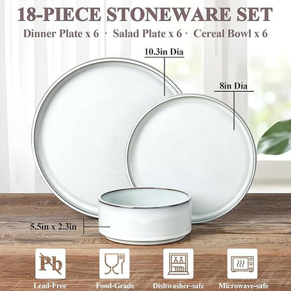 Herogo Plates and Bowls Dinner Dishes Sets for 6, 18 Pieces Ceramic Stoneware Dinnerware Set, Rustic Terracotta Bottom, Dishwasher & Microwave Safe, Icy White