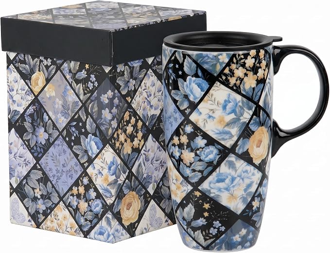 Topadorn 17oz Diamond Floral Ceramic Travel Mug by Topadorn
