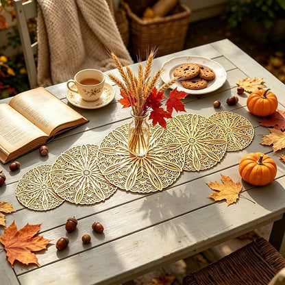 Gold Table Runner 36 Inches Flower Dining Table Runner Fall Decor | Vinyl - Image 2