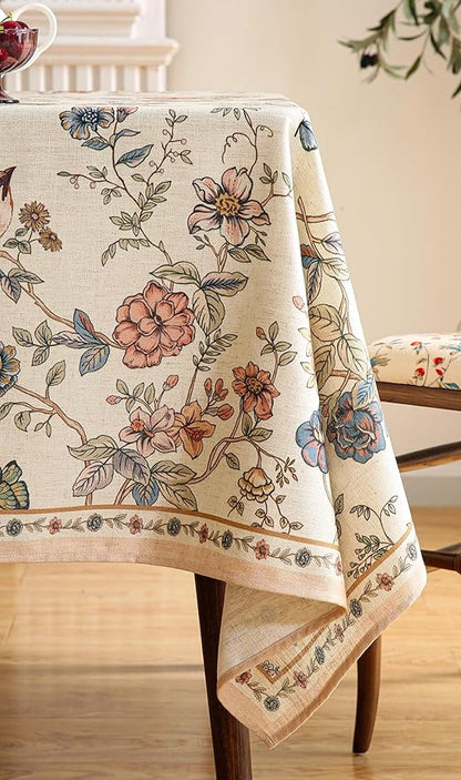 ISAENNE Designer French Light Beige Long Tablecloth Rectangle,Linen Florals and Birds Pattern Table Cloth,Anti-Wrinkle Decorative Tablecloths for Dining Thanksgiving Kitchen,63"*102"-Cornucopia