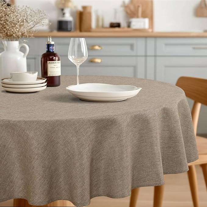 JIUZHEN Faux Linen Round Tablecloths 84 inch, Decorative Wrinkle Free Texture Rustic Circle Table Cloth Cover for Kitchen, Dining, Party, Wedding, Outdoor Use (84 Inch Round,Champagne)