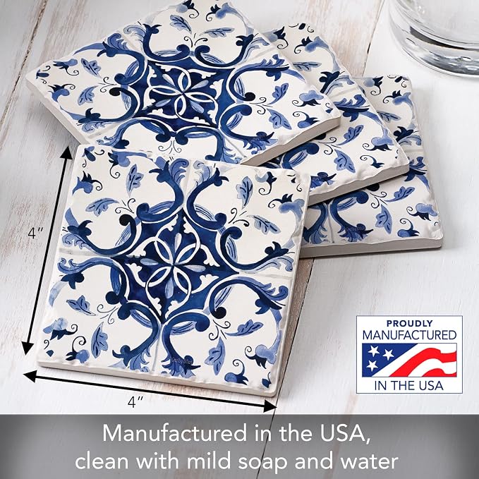 Thirstystone Blue & White Floral 4 Pack Tumbled Tile Stone Coasters | 4" Square - Image 6