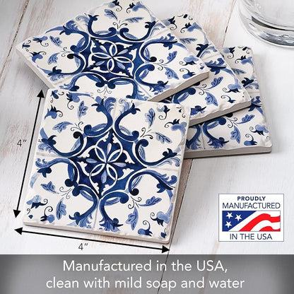 Thirstystone Blue & White Floral 4 Pack Tumbled Tile Stone Coasters | 4" Square - Image 6