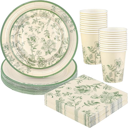 Kochorie 96 Pieces Sage Green Floral Party Supplies Elegant Floral Disposable Tableware Set Includes 9 Inch and 7 Inch Paper Plates, Cups, Napkins Serves 24 Guests for Birthday Baby Shower Wedding
