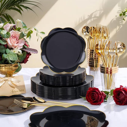 EI 180pcs Black Plastic Plates with Gold Plastic Silverware,Black and Gold Plates Disposable,Heavy Duty Plate for Party,Wedding,Anniversary,Spring Afternoon Tea Business Event