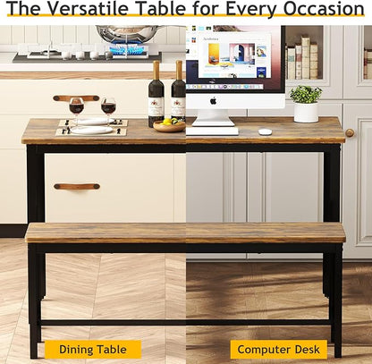 Rovibek 43" Dining Table Set for 4, Modern Space Saving Kitchen Breakfast Table with Benches & Adjustable Feet, Wooden Industrial Style Farmhouse, Wood Tone