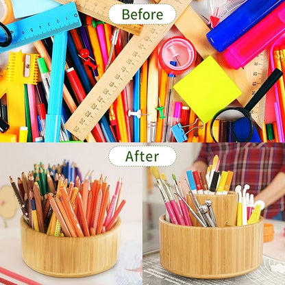 Utoplike Bamboo Rotating Art Supply Desk Organizer, Pencil Holder Organizer, Desktop Storage Caddy for Pen, Colored Pencil, Crayon, Paint Brushes, Art Studio&Office