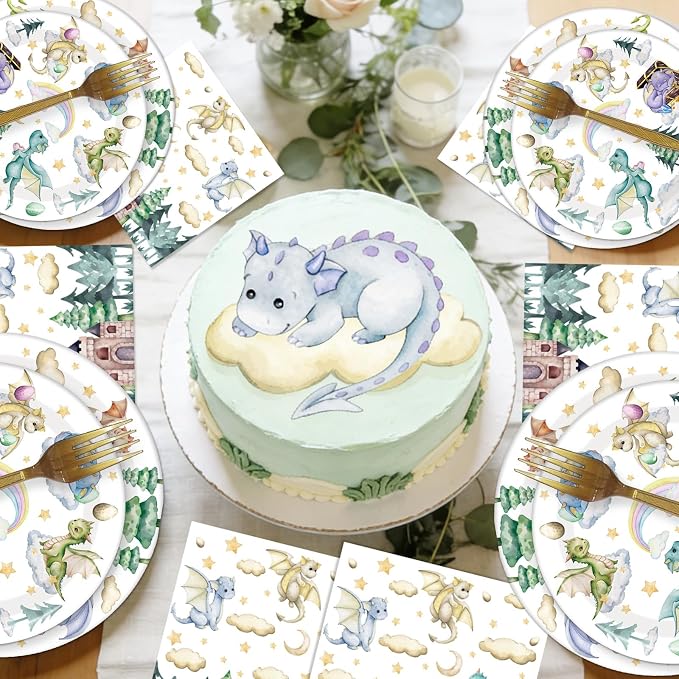 EUOYUFO 96Pcs A Little Dragon is On The Way Baby Shower Paper Plates Napkins - Image 5