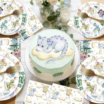 EUOYUFO 96Pcs A Little Dragon is On The Way Baby Shower Paper Plates Napkins - Image 5