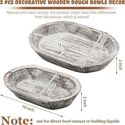 Tessco 2 Pcs Wooden Dough Bowl for Home Rustic Bread Long Wooden Bowl for Kitchen Dining Table Home Decoration(10 x 6 x 2 Inch, 14 x 10 x 2 Inch,White)
