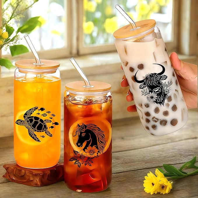 Cute Turtle Glass Cup With Lids And Straws, Turtle Gift For Women, IIced, Coffee, Smoothie, Cocktail, Beer, Whiskey, Soda, Matcha,16 Oz, Home Office Table Desk Decoration!