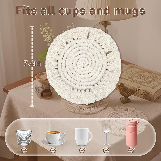 Coomin Boho Coasters for Drinks, Handmade Coasters 7.4in, 2p Beige | Woven - Image 2