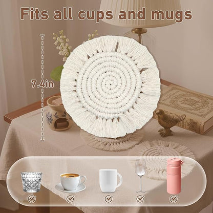 Coomin Boho Coasters for Drinks, Handmade Coasters 7.4in, 2p Beige | Woven - Image 2