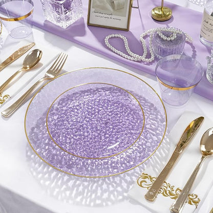 DaYammi 60 Pieces Purple Gold Plastic Plates - 10 inch Clear Dinner Plates - Hammer Pattern Design - Fancy Clear Purple and Gold Disposable Plates For All Occasions