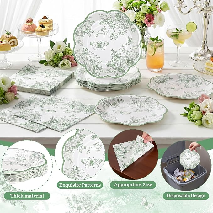 50 Pcs Sage Green Floral Plates and Napkins, Paper Floral Party Supplies | - Image 4