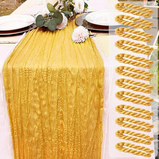 12 Pack Gold Cheesecloth Table Runner 22x120 Inch-Naturally Dyed Colors Sheer Gauze Cheese Cloth Wedding Table Runner,Rustic Boho Crinkle Fabric, Reception, Bridal Shower,Farmhouse Dining Decor