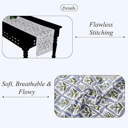 Light Steel Blue Hand Block Print 100% Cotton Table Runner 16x90 Inch | Perfect - Image 2