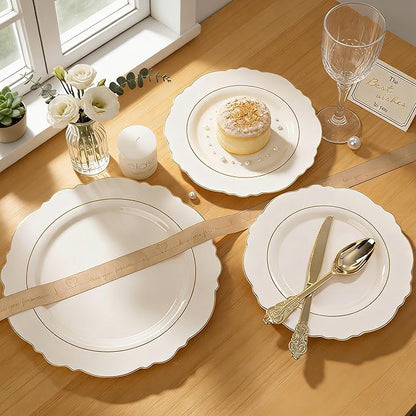 Liacere 350PCS Ivory Plastic Plates - Cream Disposable Plates With Gold Rim - 50Guest Baroque Plastic Dinnerware include 100 Plates - 50 Pack Pre Rolled Napkins Silverware 50Cups for Wedding＆Easter