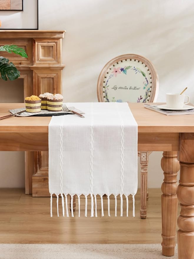 Braided Farmhouse Table Runner, Braided White 13x36 Inch, Cotton Linen Table - Image 2