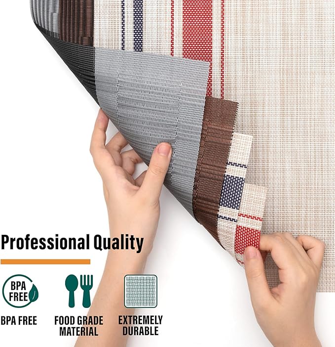 Winknowl Placemats Set of 4, Heat Resistant Non-Slip Vinyl Woven Table Mats for Dining Table, Washable Durable Elegant Place Mats for Kitchen Indoor/Outdoor Use (Black)
