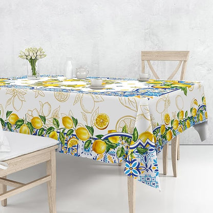 Lemon Tablecloth 60 x 120 Inch Rectangle, Yellow and Blue Mediterranean Summer Decor Tile Flower Pattern Table Cloth Italian Themed Decor for Party Oblong Table Cover for Dining Room