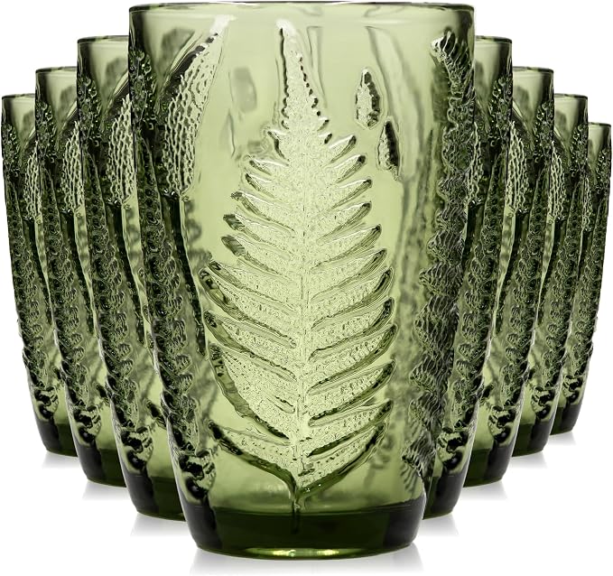 Green Drinking Glasses Set of 8, 12 oz Glass Cups, Vintage Fern Glassware | by QELVIO