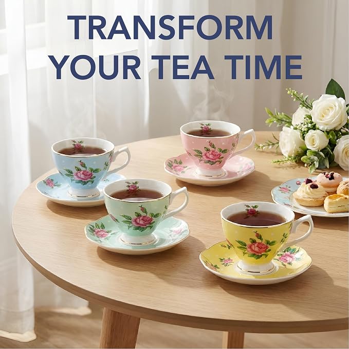 BTaT- Floral Tea Cups and Saucers, 8 oz, Fine Porcelain Teacup Set - Image 6