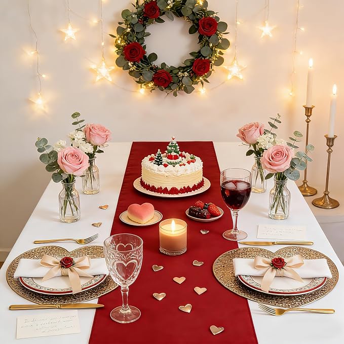 Burgundy Valentines Day Table Runner Burlap Table Cloth 2 Packs 13x108 Inch | - Image 5