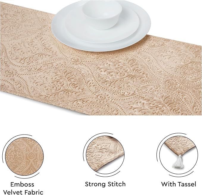 Encasa XO Table Runner, Embossed Velvet, Elegant 13"x72" | Beige, 175 GSM - Image 3