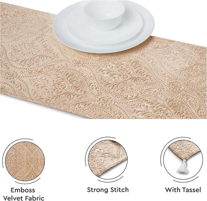 Encasa XO Table Runner, Embossed Velvet, Elegant 13"x72" | Beige, 175 GSM - Image 3