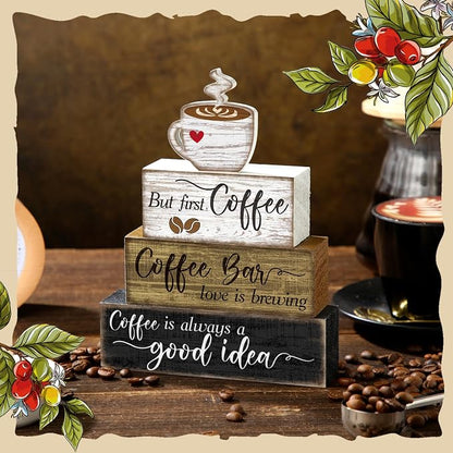 Moucuny 4 Pcs Wooden Coffee Bar Tabletop Decor Coffee Tiered Tray Decor Rustic - Image 2