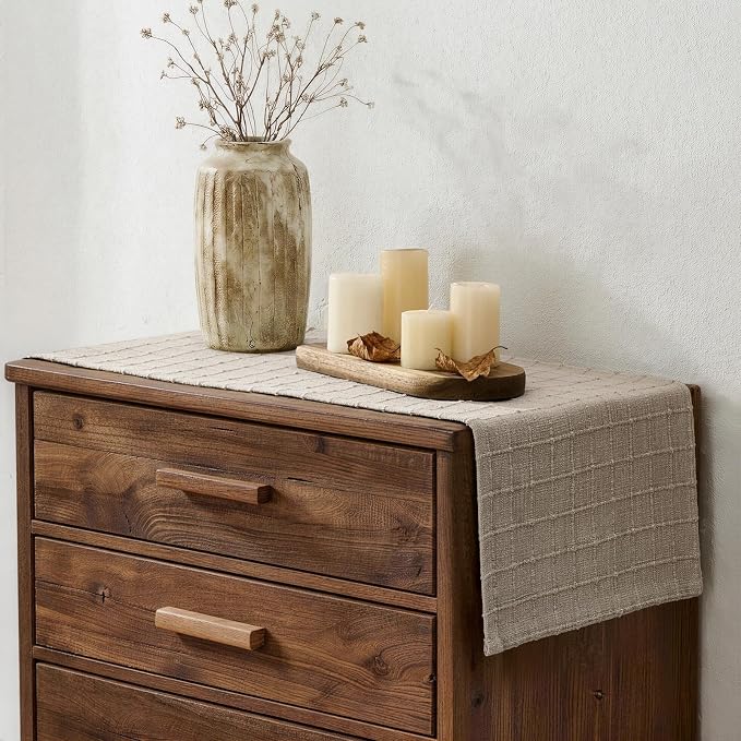 Artisanal Grid Linen Table Runner, 13x48 Inches Oatmeal | Heavy Textured - Image 3