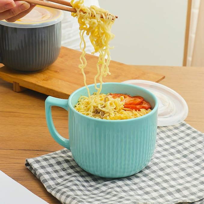 Ceramic Soup Bowl with Handle & Lid, 32oz Microwave Ramen Bowl Set of 2 | Blue - Image 9