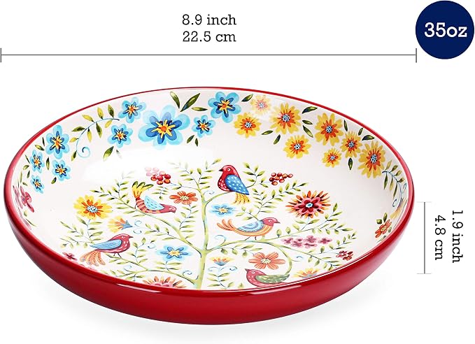Bico Red Spring Bird Pasta Bowls, 35oz Salad Bowl Set of 4, Large Ceramic - Image 2