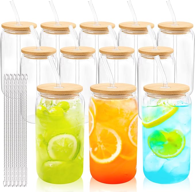Joyclub 12Pcs Glass Cups with Bamboo Lids and Straws Bulk 16 oz Can Shaped | by Joyclub