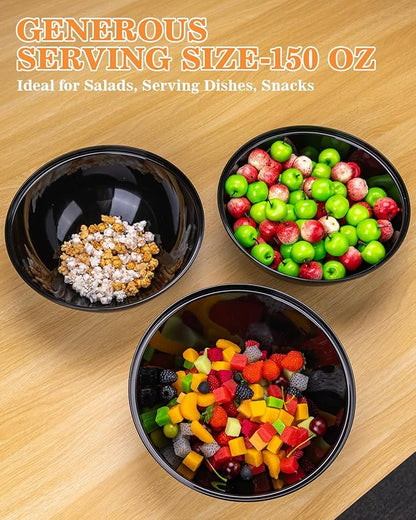 BESTVIP 150oz 4 Pack Black Plastic Serving Bowls for Party, Disposable 11.6" Large Salads Container for Snacks, Chips, Meal Prep, Stackable Candy Dishes for Christmas, Holiday, Reusable