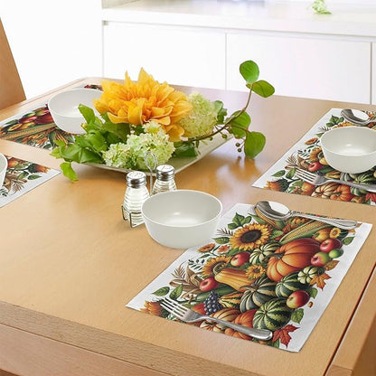 Ambesonne Fall Place Mats Set of 8, Pumpkins Apples and Sunflowers Harvest Time Composition Veggies Fruits, Washable Fabric Placemats for Dining Table, Placemat 8 pcs, Emerald Orange and Green