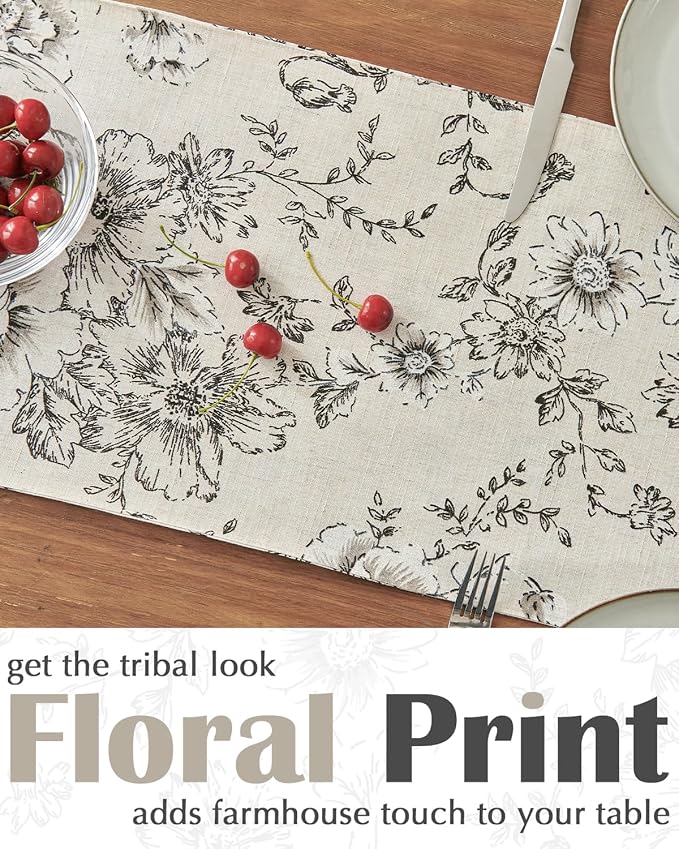 jinchan Black Floral Linen Table Runner 13 x 90 Inch Farmhouse | Long floral - Image 3